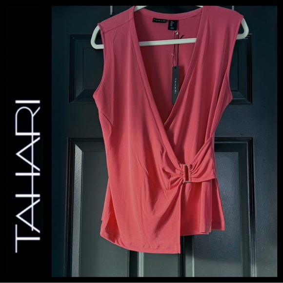 Net Tahari Dusty Clay Surplice Faux Wrap Sleeveless Top - Picture 2 of 6